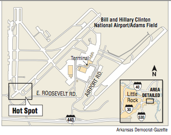 A map showing the Bill and Hillary Clinton National Airport/Adams Field with hotspot.