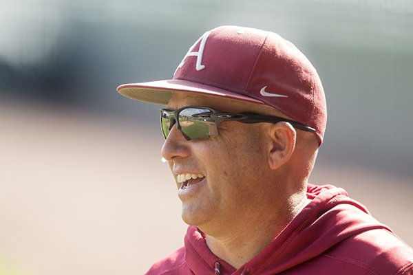 Arkansas pitching coach Wes Johnson watches practice Tuesday, Oct. 11, 2017, in Fayetteville. 
