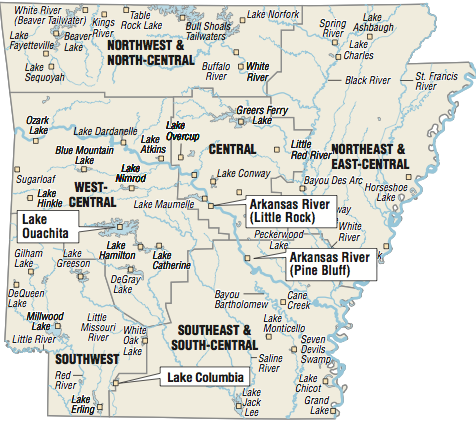 A map showing the location of Arkansas fishing spots.