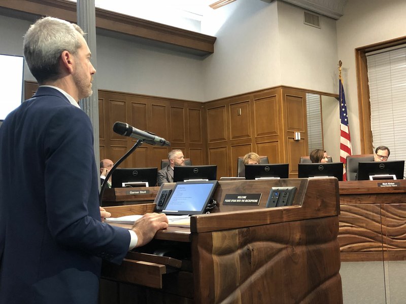 NWA Democrat-Gazette/STACY RYBURN Jeffrey Tumlin with transportation consulting firm Nelson/Nygaard speaks Tuesday to the Fayetteville City Council. A nearly two-year study on all modes of getting around town wrapped and is available to the public.
