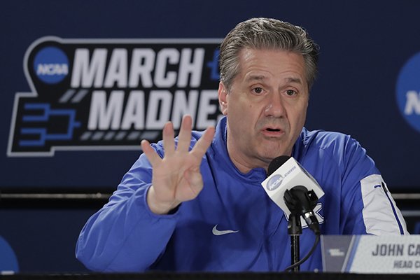 Kentucky head coach John Calipari talks to reporters during news conference at the NCAA men's college basketball tournament Friday, March 16, 2018, in Boise, Idaho. Kentucky faces Buffalo in a second-round game on Saturday. (AP Photo/Ted S. Warren)


