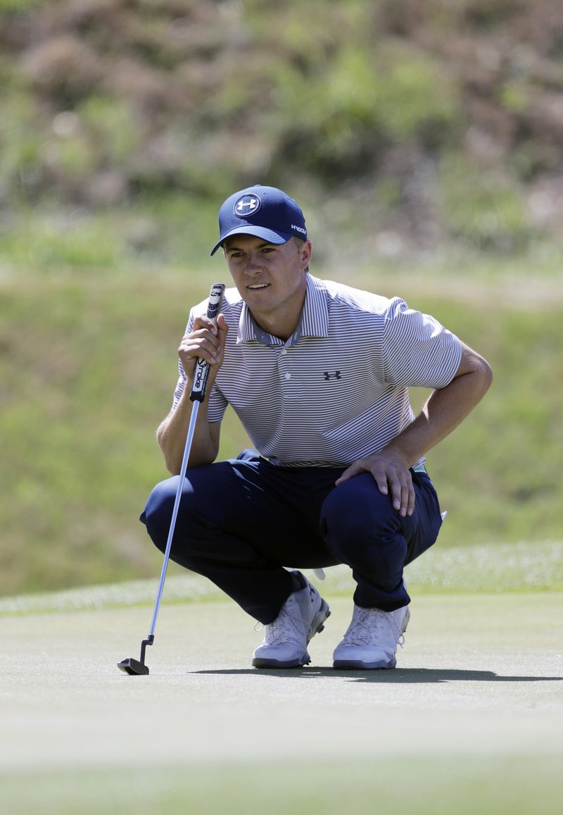 Jordan Spieth lines up his putt on the 16th hole during round-robin play at the Dell Technologies Match Play golf tournament, Wednesday, March 21, 2018, in Austin, Texas. (AP Photo/Eric Gay)