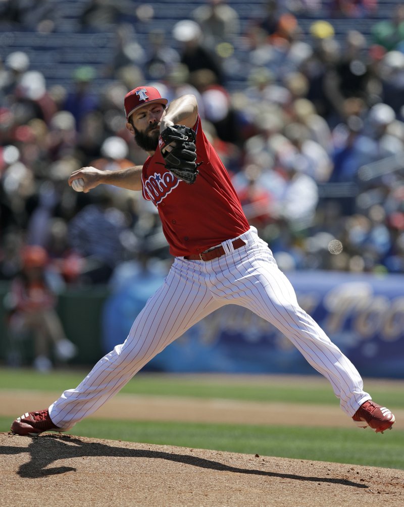 Philadelphia Phillies' Jake Arrieta pitches to the Detroit Tigers during the first inning of a spring training baseball game Thursday, March 22, 2018, in Clearwater, Fla. (AP Photo/Chris O'Meara)