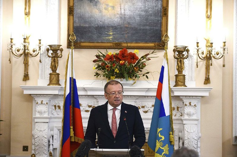 Russian Ambassador Alexander Vladimirovich Yakovenko speaking at a news conference Thursday at his country’s embassy in London in the aftermath of the Salisbury nerve-agent attack on Russian double agent Sergei Skripal and his daughter Yulia.  