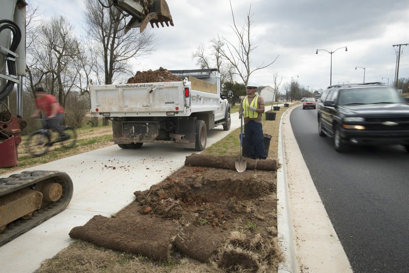 Harry Gonzales of Second Nature Landscaping (center) helps dig holes to plant Chinese pistachio trees Friday along Arkansas Street near the new roundabout on Walnut Avenue west of Interstate 49 in Rogers. Rogers Mayor Greg Hines says the city will ask voters to extend the sales tax to pay for another package of street improvement bonds. Rogers voters approved a bond issue in 2011 that included more than $100 million for streets plus money for parks and other amenities.