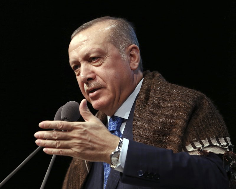 Turkey's President Recep Tayyip Erdogan speaks during an event called "Greener Turkey" in Ankara, Turkey, Wednesday, March 21, 2018. (Kayhan Ozer/Pool Photo via AP)