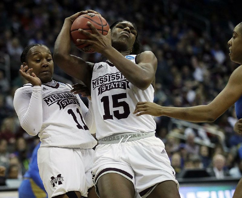 Mississippi State center Teaira McCowan (15) grabs a rebound in the Bulldogs’ 89-73 victory over UCLA in the Kansas City Regional, which earned Mississippi State a trip back to the Final Four.