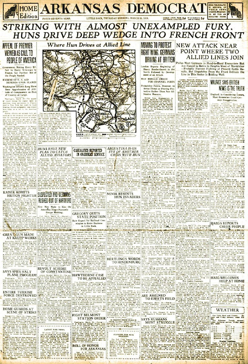 The front page of the March 28, 1918, Arkansas Democrat reports on the German Spring Offensive of 1918
