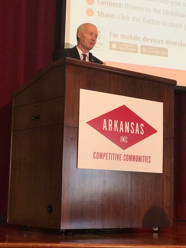 Gov. Asa Hutchinson is shown announcing the Competitive Communities Initiative on March 26, 2018, the same day he announced a 15.4 percent cut to the cost of worker's compensation insurance in Arkansas.
