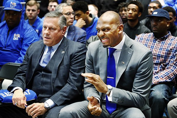 FILE — This March 20, 2018 file photo shows former University of Memphis athletic director Tom Bowen, left, and Memphis men's basketball coach Penny Hardaway attend a news conference introducing Hardaway in this  at the Laurie-Walton Family Basketball Center in Memphis, Tenn. (Mark Weber/The Commercial Appeal via AP)