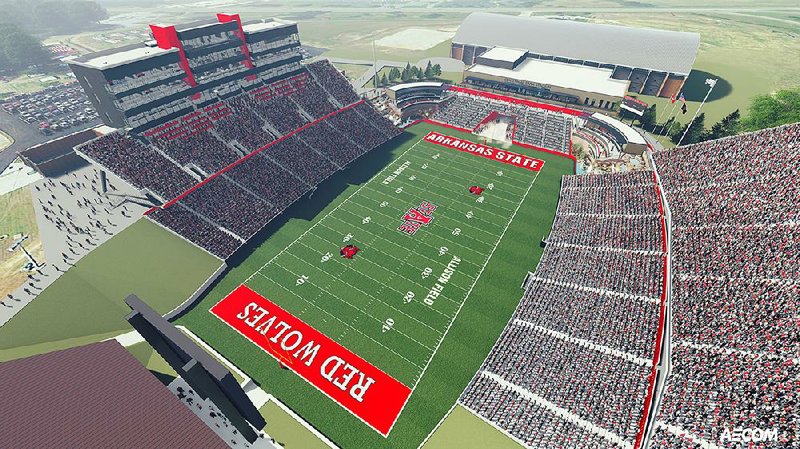 The Red Wolves Foundation is managing a $29 million expansion of the Arkansas State University football stadium, shown here in an artist’s conception.  