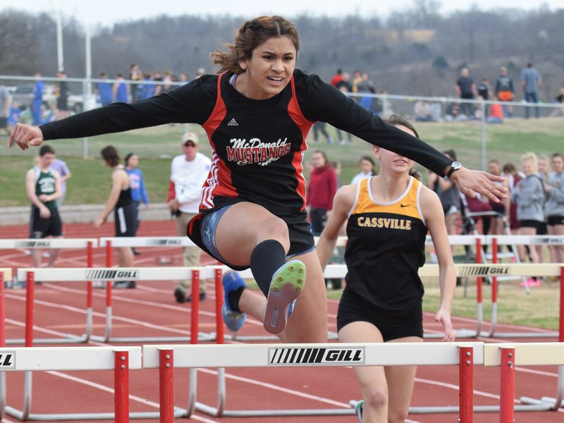 RICK PECK/SPECIAL TO MCDONALD COUNTY PRESS McDonald County's Ruby Palomo took third in the 100 hurdles at the 2018 Mustang Stampede held March 22 at MCHS.