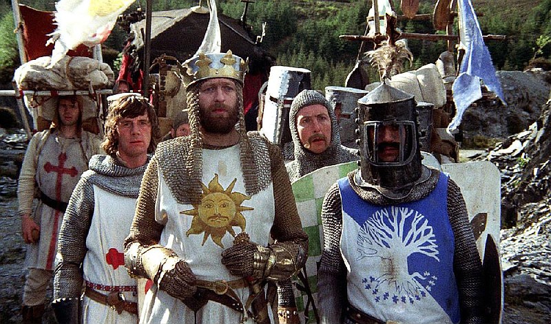 Sir Galahad the Pure (Michael Palin), King Arthur (Graham Chapman), Sir Robin the Not-Quite-So-Brave-as-Sir Lancelot (Eric Idle) and Sir Bedevere (Terry Jones) go on a quest in Monty Python and the Holy Grail.