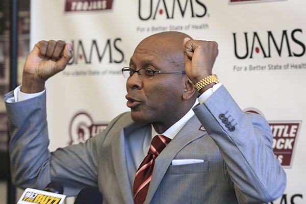 Darrell Walker speaks Friday, March 30, 2018, after he was officially introduced as head coach at Arkansas-Little Rock. 