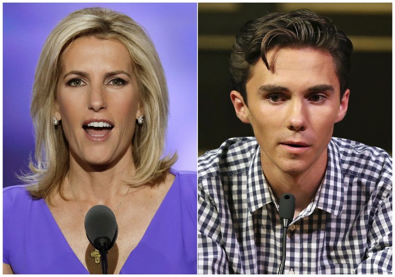 In this combination photo, Fox News personality Laura Ingraham speaks at the Republican National Convention in Cleveland on July 20, 2016, left, and David Hogg, a student survivor from Marjory Stoneman Douglas High School in Parkland, Fla., speaks at a rally for gun legislation in Livingston, N.J. on Feb. 25, 2018. Some big name advertisers are dropping Ingraham after she publicly criticized Hogg, a student at Marjory Stoneman Douglas school on social media. The online home goods store Wayfair, travel website TripAdvisor and Rachel Ray’s dog food Nutrish all said they are removing their support from Ingraham. (AP Photo/J. Scott Applewhite, left, and Rich Schultz)

