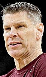 Loyola-Chicago head coach Porter Moser reacts during a practice session for the Final Four NCAA college basketball tournament, Friday, March 30, 2018, in San Antonio.