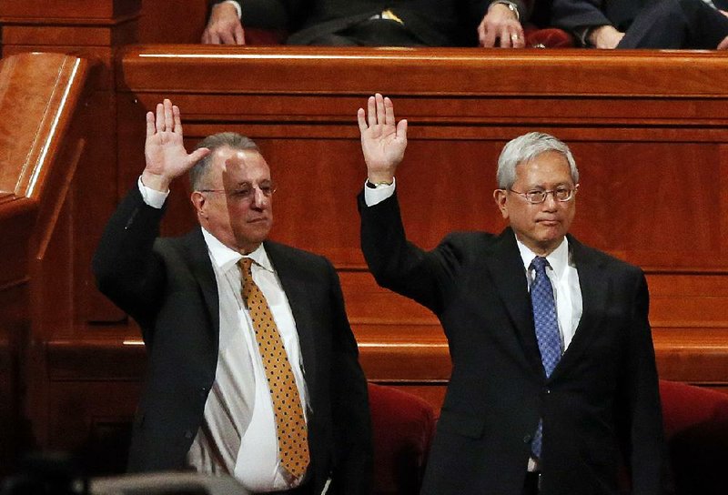 Ulisses Soares (left) and Gerrit W. Gong join the Quorum of the Twelve Apostles during Saturday’s conference of The Church of Jesus Christ of Latter-day Saints in Salt Lake City.
