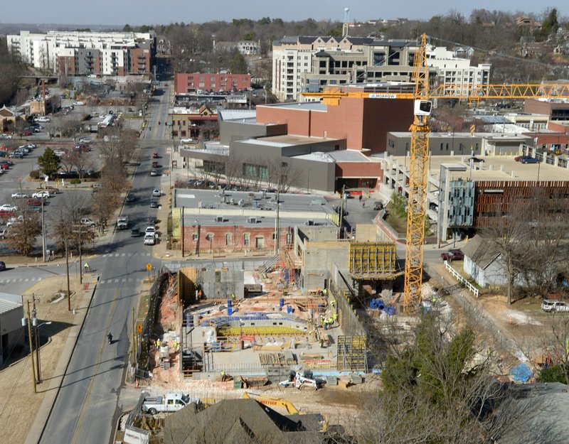 NWA Democrat-Gazette/ANDY SHUPE Construction continues on the planned new home for TheatreSquared, just south of the Walton Arts Center in Fayetteville.