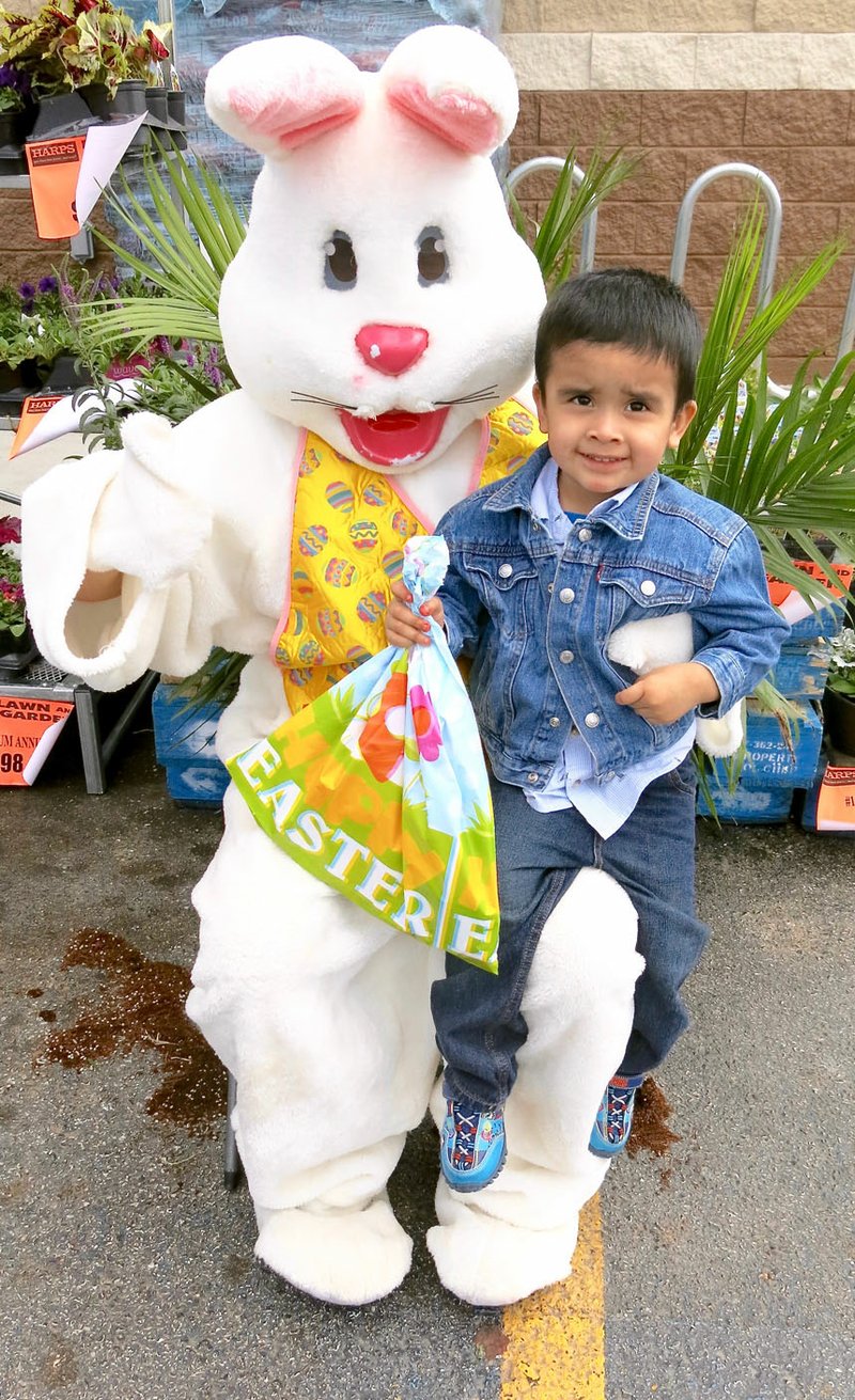 Westside Eagle Observer/RANDY MOLL Jairo Ramirez, 3, visits with the Easter Bunny at Harps Foods on Saturday afternoon, March 31, 2018. Gentry Chamber of Commerce distributed bags of goodies and provided photo opportunities to children at Harps instead of at its regular Easter egg hunt, which was canceled earlier in the week due to rainy weather and soggy conditions in the park.