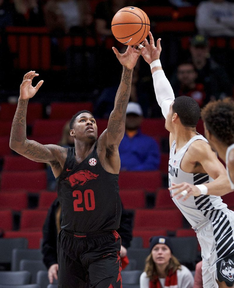 Arkansas’ Darious Hall (above) and C.J. Jones announced Wednesday they were transferring from the school. Hall, a 6-6 forward, averaged 5.1 points per game this season and Jones, a 6-5 guard, averaged 6.3 points. 
