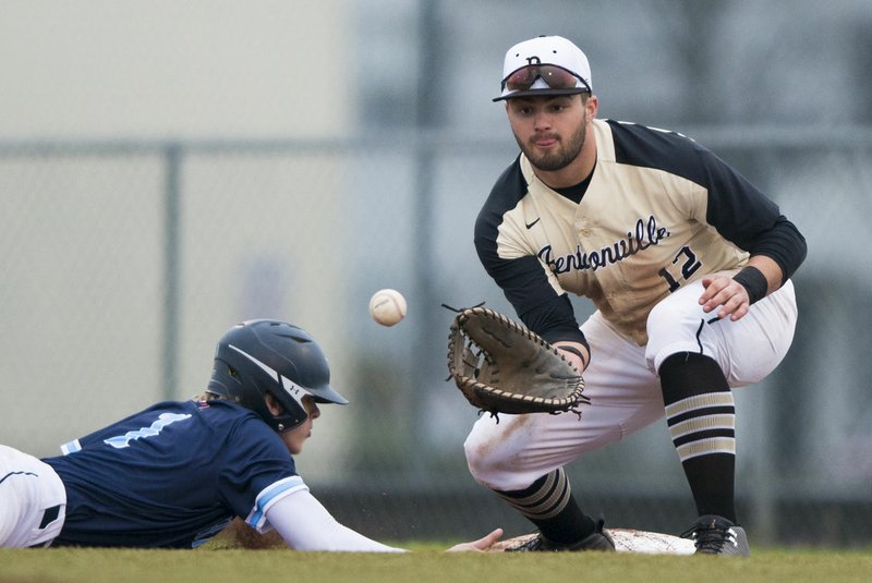 NWA Democrat-Gazette/CHARLIE KAIJO Springdale Har-Ber High School Hunter Wood (1) slides back to first as Bentonville High School Tyler Johnson (12) makes a catch during a baseball game, Monday, April 2, 2018 at the Tiger Athletic Complex in Bentonville.