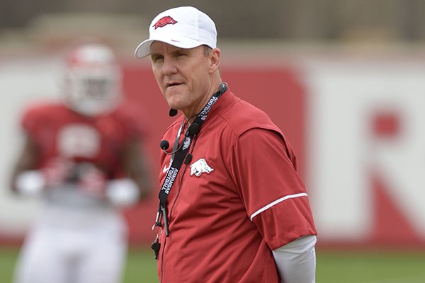 Arkansas head coach Chad Morris looks on during Day 5 of spring practice, March 10, 2018. 