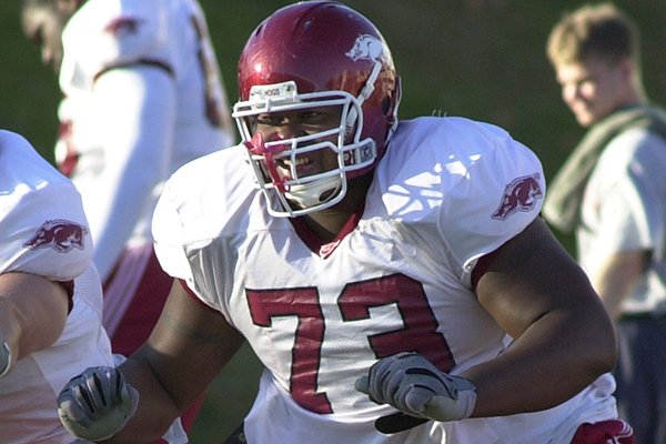 Arkansas' All-American tackle Shawn Andrews (73) goes through drills during practice in Fayetteville, Oct. 29, 2003. (AP Photo/April L. Brown)

