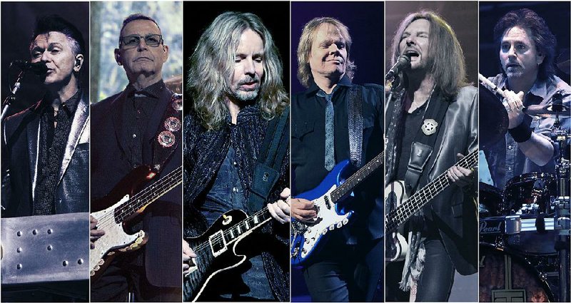 Styx — (from left) Lawrence Gowan, keyboards and vocals; Chuck Panozzo, bass guitar and Waterphone; Tommy Shaw, acoustic and electric guitars, mandolin and vocals; James “JY” Young, electric guitar and vocals; Ricky Phillips, bass guitar and vocals; and Todd Sucherman, drums, percussion — open Tuesday’s concert at North Little Rock’s Verizon Arena
