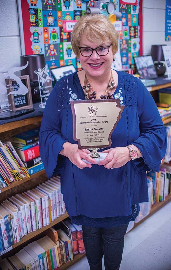 Sherri DeSoto, kindergarten through fifth-grade gifted and talented facilitator at Sheridan Intermediate School, was recently recognized by the Arkansans for Gifted and Talented Education organization. She received its 2018 GT Educator Recognition Award on March 1.