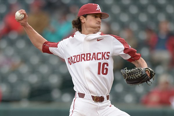 Arkansas starter Blaine Knight delivers to the plate Friday, April 6, 2018, against Auburn at Baum Stadium in Fayetteville.

