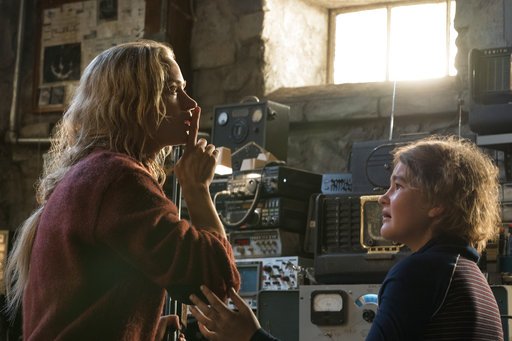 This image released by Paramount Pictures shows Emily Blunt playing Evelyn Abbott and Millicent Simmonds playing Regan Abbott on the set of "A Quiet Place." (Jonny Cournoyer/Paramount Pictures via AP)
