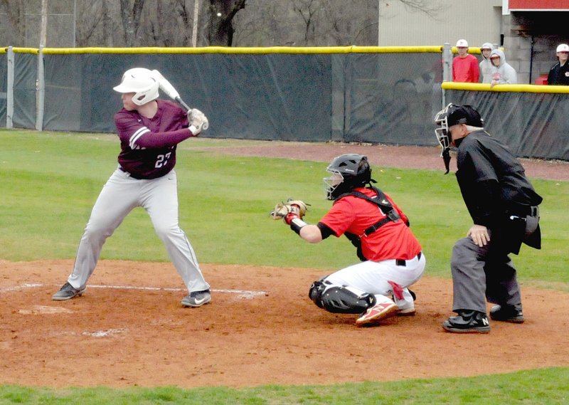 MARK HUMPHREY FOR HERALD-LEADER/Siloam Springs junior A.J. Serrano steps up in a left-handed batter's stance against Farmington. The Panthers won on the road, 3-1, Thursday to break a 9-game skid.