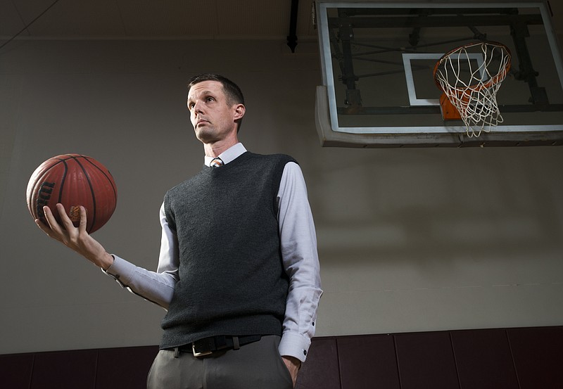  Gravette coach Will Pittman poses for a portrait, Monday, March 12, 2018 at Springdale High School auxiliary gym in Springdale 