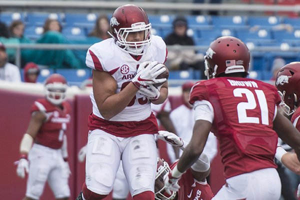 Arkansas tight end Cheyenne O'Grady catches a touchdown pass during the Razorbacks' spring game Saturday, April 7, 2018, in Little Rock. 