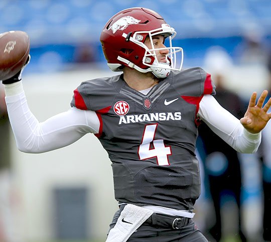 Arkansas Democrat-Gazette/THOMAS METTHE -- 4/7/2018 --
Arkansas quarterback Ty Storey (4) throws a pass during the Razorbacks' Red-White football game on Saturday, April 7, 2018, at War Memorial Stadium in Little Rock. 