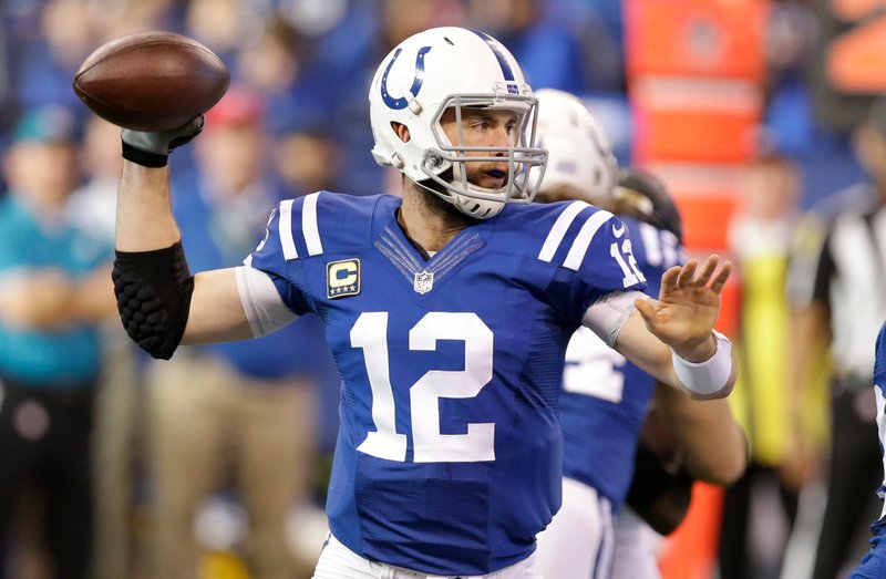 FILE - In this Jan. 1, 2017, file photo, Indianapolis Colts quarterback Andrew Luck (12) throws against the Jacksonville Jaguars during the first half of an NFL football game in Indianapolis. Luck has not taken a snap since having surgery for a partially torn labrum in January 2017, and he still is not throwing regulation-sized footballs. (AP Photo/Michael Conroy, File)