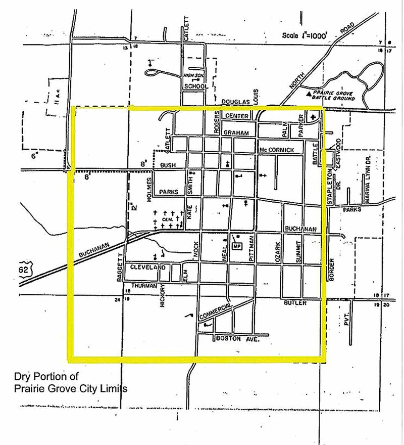 COURTESY PHOTO This map shows the dry portion of Prairie Grove city limits, as far as alcohol sales are concerned. The rest of the city is wet. The section is about one square mile and includes the downtown area. A new committee will circulate petitions for signatures to place a question on the ballot to make all of Prairie Grove wet.