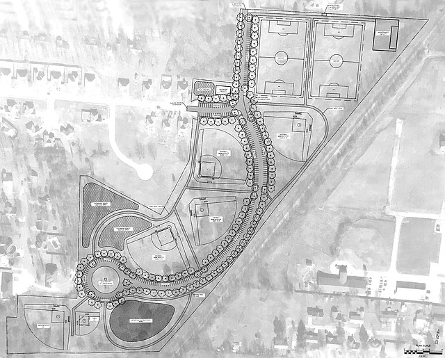 MCCLELLAND CONSULTING ENGINEERS The above drawing shows initial plans for Gentry's park along the railroad track south of Smith Street and east of Avalon. It includes soccer fields and ball diamondas for baseball, softball, T-ball and machine pitch, as well as parking and additional space on the south side of the park area.