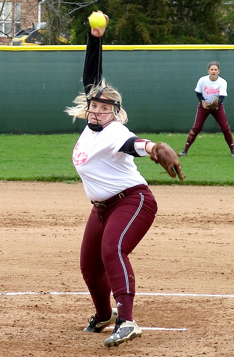 Westside Eagle Observer/RANDY MOLL Gentry pitcher Raegan Jude prepares to fire a pitch during the Gentry-Greenland game on April 3 in Gentry.