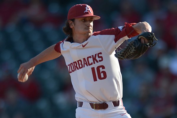 Arkansas pitcher Blaine Knight throws during a game against South Carolina on Thursday, April 12, 2018, in Fayetteville. 