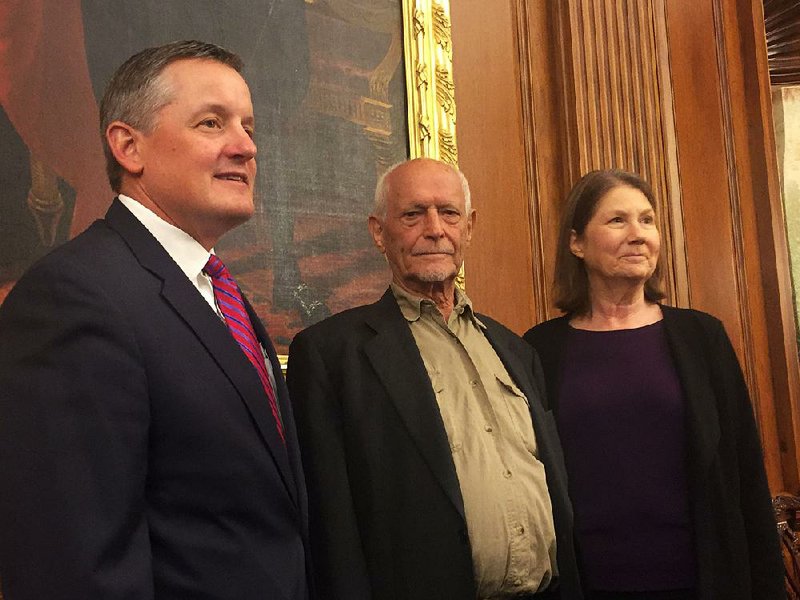 U.S. Rep. Bruce Westerman, R-Ark.; poet Edward Field and Internet blogger Cindy Bryan gather at the U.S. Capitol on Thursday. Bryan researched Jack Coleman Cook, an Arkansan who saved Field’s life when their B-17 crashed in 1945.  