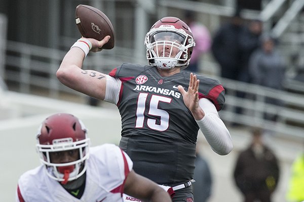 Arkansas quarterback Cole Kelley (15) throws a pass during the Razorbacks' spring game Saturday, April 7, 2018, in Little Rock. 