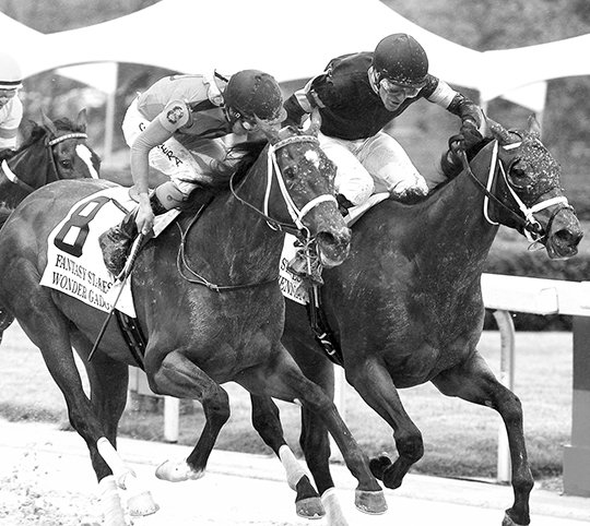 The Sentinel-Record/Richard Rasmussen BY A NOSE: Jockey Gary Stevens and Sassy Sienna, right, put a nose in front of Wonder Gadot (8) and jockey David Cabrera Friday at the wire to win the Grade 3 $400,000 Fantasy Stakes for 3-year-old fillies.