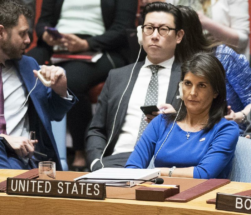 Nikki Haley, U.S. ambassador to the United Nations, listens Saturday at the U.N. headquarters as Syria’s representative Bashar Jaafari condemns the targeted strikes on his country.  