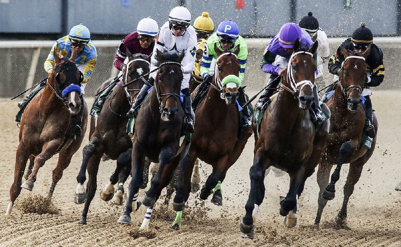 Magnum Moon (second from right) and jockey Luis Saez lead the ﬁ eld into the ﬁ rst turn on the way to a wire-to-wire victory in Sat-urday’s $1 million Grade I Arkansas Derby at Oaklawn Park in Hot Springs. See more photos at arkansasonline.com/galleries.