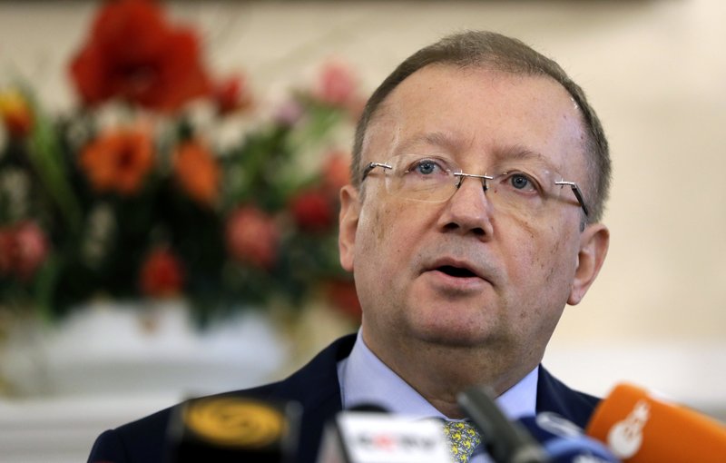 Russian Ambassador Alexander Yakovenko speaks at a press conference at his residence in London, Friday, April 13, 2018. (AP Photo/Kirsty Wigglesworth)