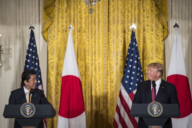 Japanese Prime Minister Shinzo Abe and President Donald Trump speak during a joint news conference at the White House on Feb. 10, 2017. 