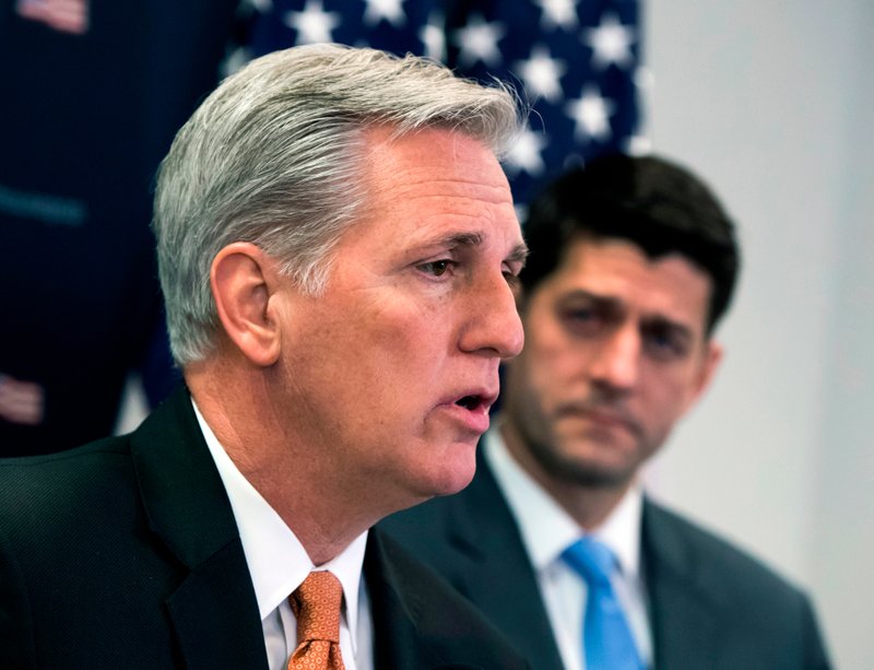 In this Feb. 6, 2018, file photo, House Majority Leader Kevin McCarthy, R-Calif., joined at right by Speaker of the House Paul Ryan, R-Wis., talks with reporters at the Capitol in Washington.  (AP Photo/J. Scott Applewhite, File)