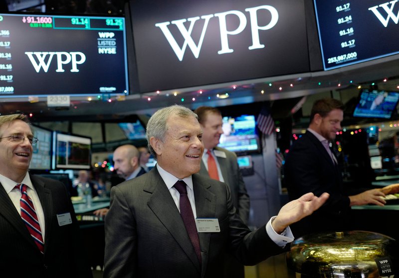 In this Wednesday, Dec. 13, 2017 file photo, Sir Martin Sorrell, CEO of WPP, visits the New York Stock Exchange in New York. Martin Sorrell is stepping down as chief executive of WPP, the world's largest advertising agency, following allegations of personal misconduct. Sorrell, who led WPP for the past 33 years, had been accused of misuse of company assets. He resigned in the evening of Saturday, April 14, 2018 after the investigation concluded. 