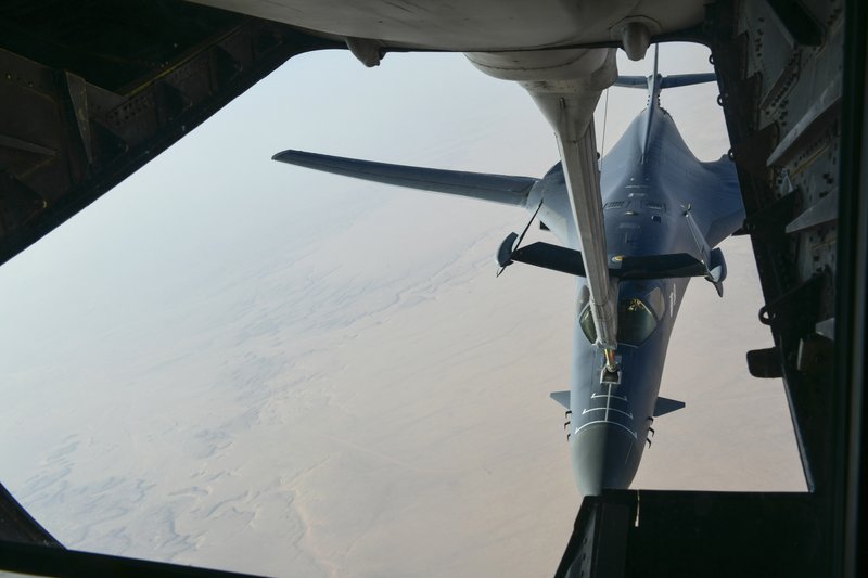In this image released by the Department of Defense, a U.S. Air Force B-1 Bomber separates from the boom pod after receiving fuel from an Air Force KC-135 Stratotanker on April 13, 2018, en route to strike chemical weapons targets in Syria. President Donald Trump declared &quot;Mission Accomplished&quot; for a U.S.-led allied missile attack on Syria's chemical weapons program, but the Pentagon said the pummeling of three chemical-related facilities left enough others intact to enable the Assad government to use banned weapons against civilians if it chooses. (Department of Defense via AP)